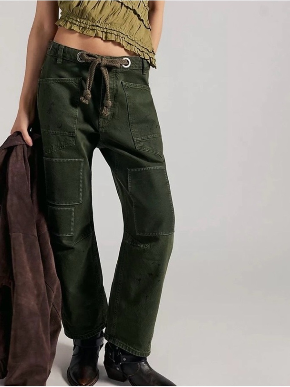 We the free Olive Green Wide-Leg Pull- On Utility Pants NWOT